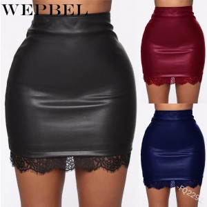 Women's Casual Tight Skirt Fashion Sexy PU Leather Lace Patchwork Slim Pencil Skirt